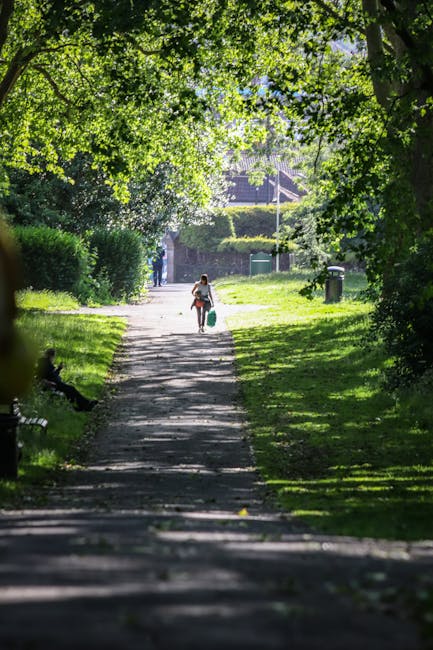 A shaded pathway in a lush green park lined with mature trees and well-maintained lawns. The path, made of concrete slabs, is bordered by neatly trimmed hedges and grass, with sunlight filtering throu